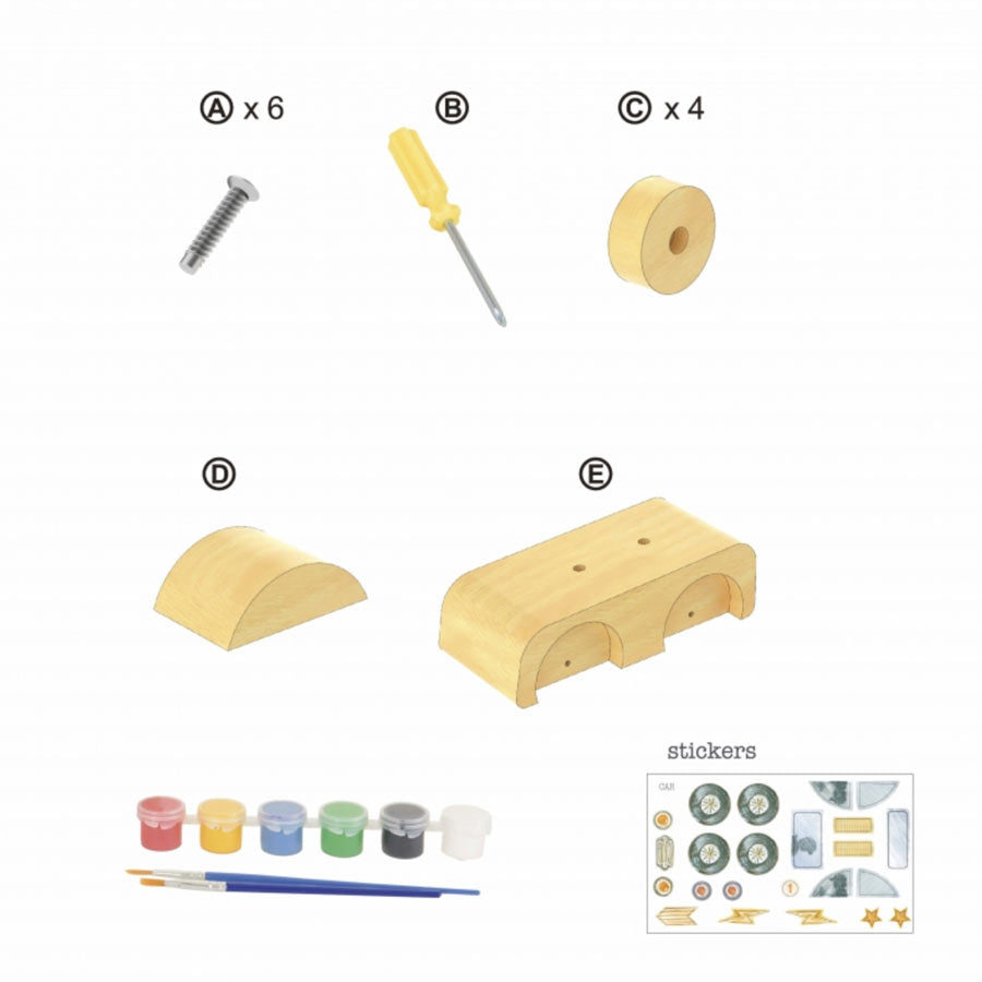Das DIY-Set besteht aus 6 Bauteilen, 6 Schrauben, einem Schraubenzieher, Farben und Pinsel und passenden Stickern.