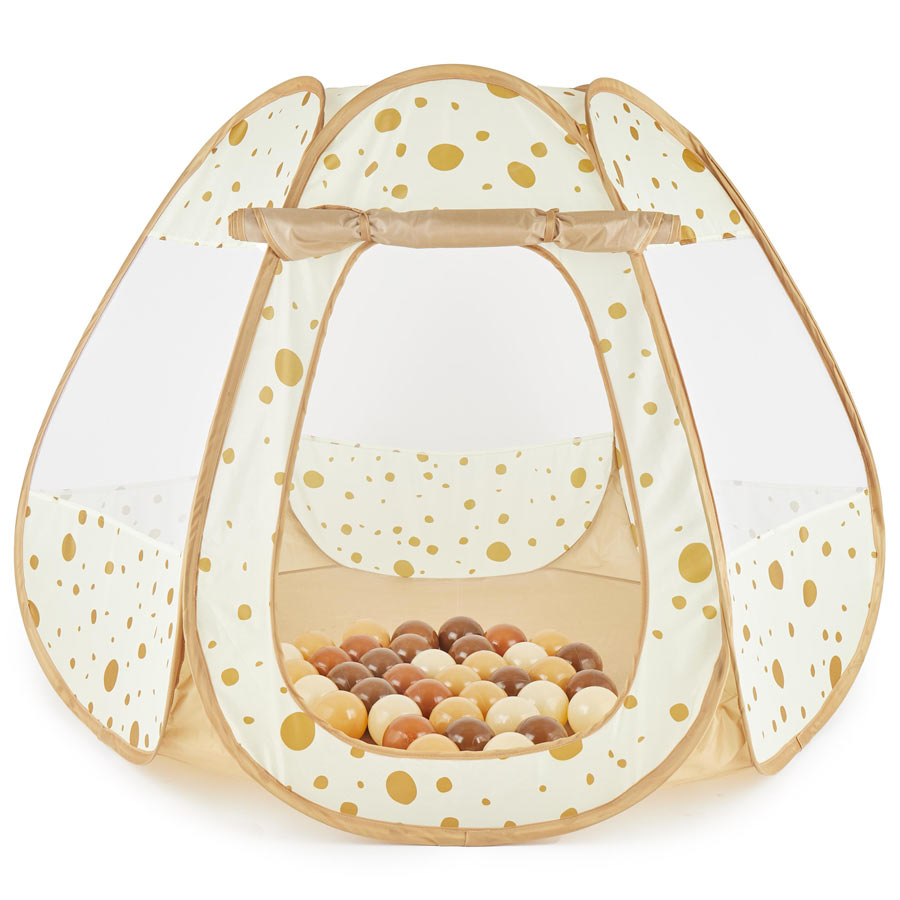 Das Spielzelt und Bällezelt hat 4 Seiten, auf einer Seite ist der Eingang, auf den anderen Seiten ein Sichtfenster. Die Kinder können also mit den Bällen toben und trotzdem alles aus dem Zelt raus sehen.