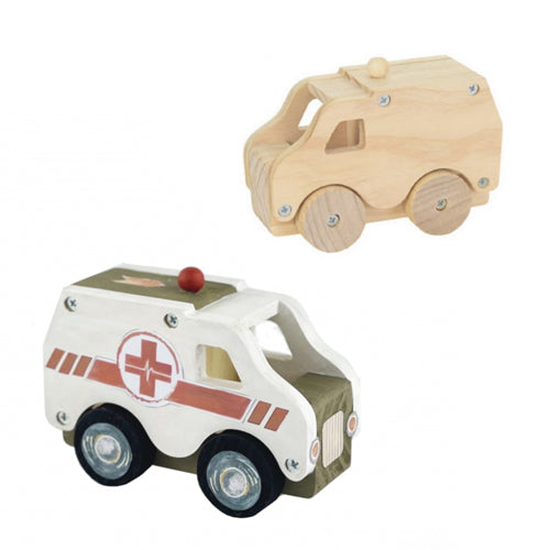 Hier sieht man den Unterschied zwischen dem naturbelassenen Krankenwagen und dem bemalten Fahrzeug.