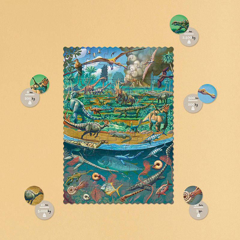 Das Dinosaurier-Puzzle zeigt eine Landschaft mit vielen Dinosauriern und der untere Teil ist Unterwasser mit weiteren Dinos.