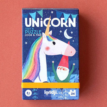 Kleines Pocket-Puzzle mit dem Motiv Einhorn und 24 Teilen.