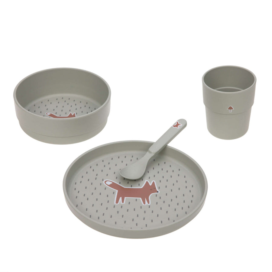 Das Set Fuchs kommt mit einem Teller, einer Schüssel, einem Becher und einen Löffel für Kinder.