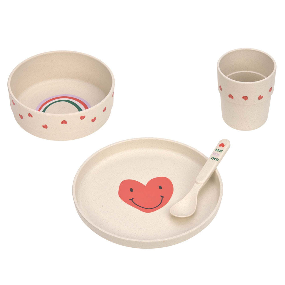 Das Set Herz besteht aus vier Teilen und hat ein süßes Design mit roten Herzen und einem Regenbogen in der Schüssel.