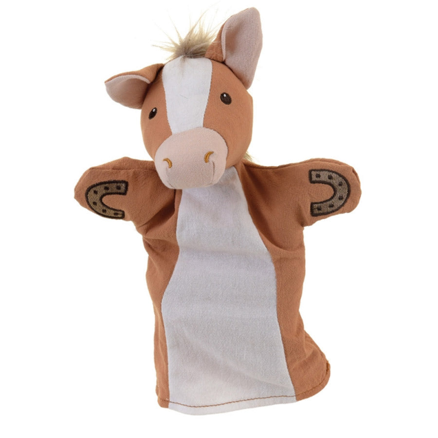 Handpuppe Pferd in den Farben hellbraun und weiß mit bestickten Hufeisen an den Hufen.