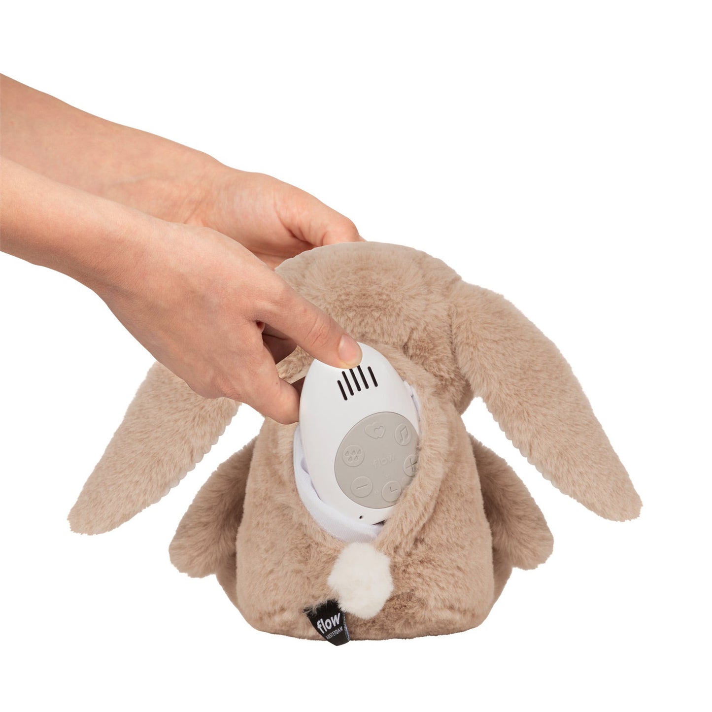 Heartbeat Comforter Hase Milo mit herausnehmbaren Lautsprecher, der verschiedene Töne für Babys spielt.