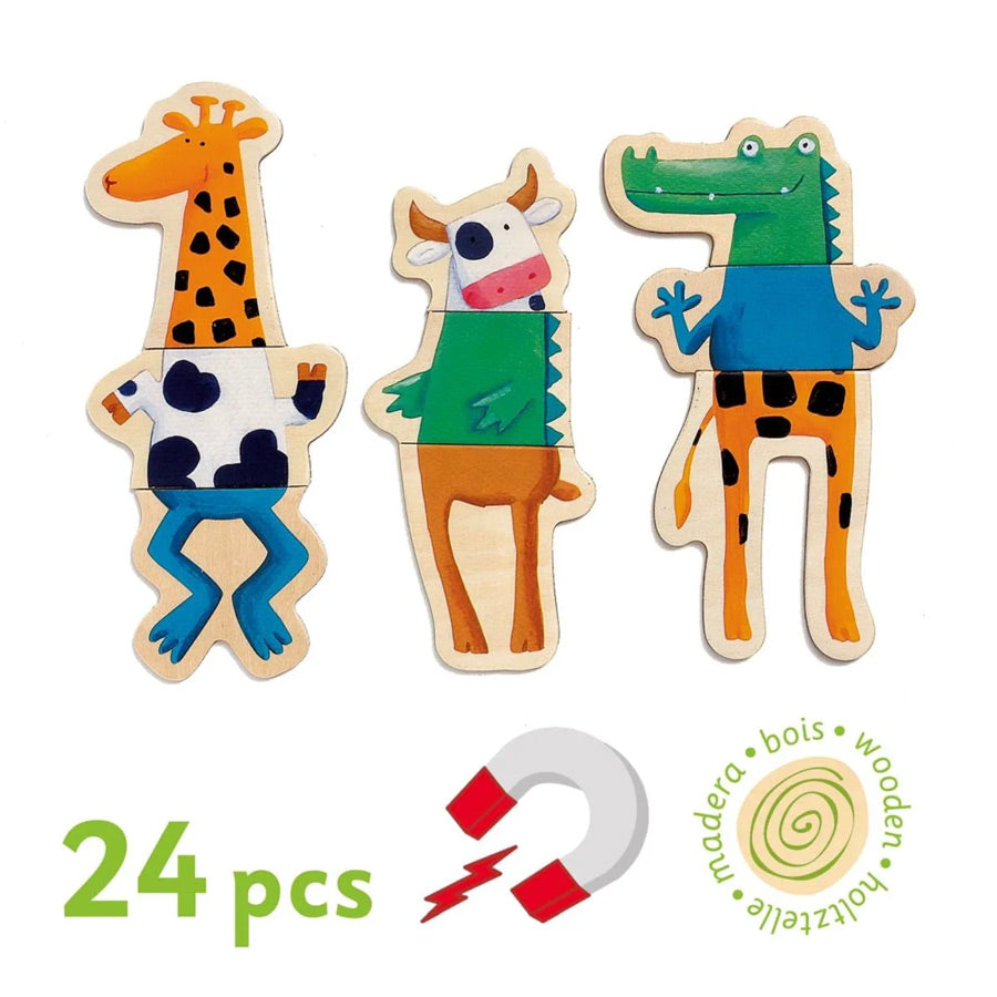 24 magnetische Teile mit Tierköpfen, -körper und -beinen. Können richtig oder durcheinander gelegt werden.
