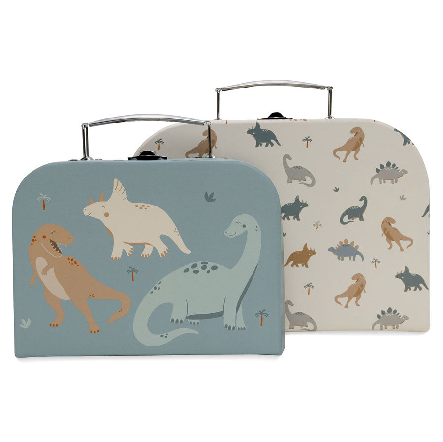 Das Set besteht aus einem größeren und einem kleineren Koffer mit hübschen Dino-Design in dezenten Farben.
