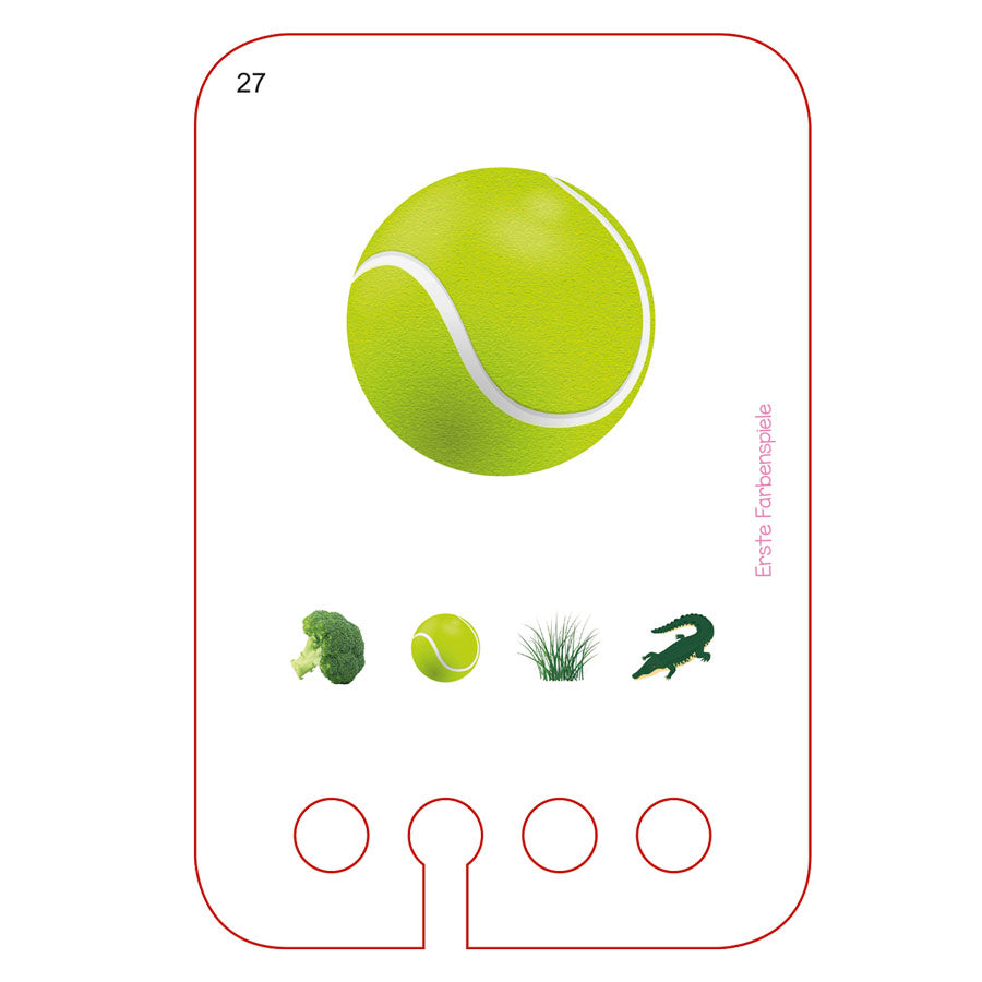Lochkarte mit Brokkoli, Tennisball, Gras und Krokodil