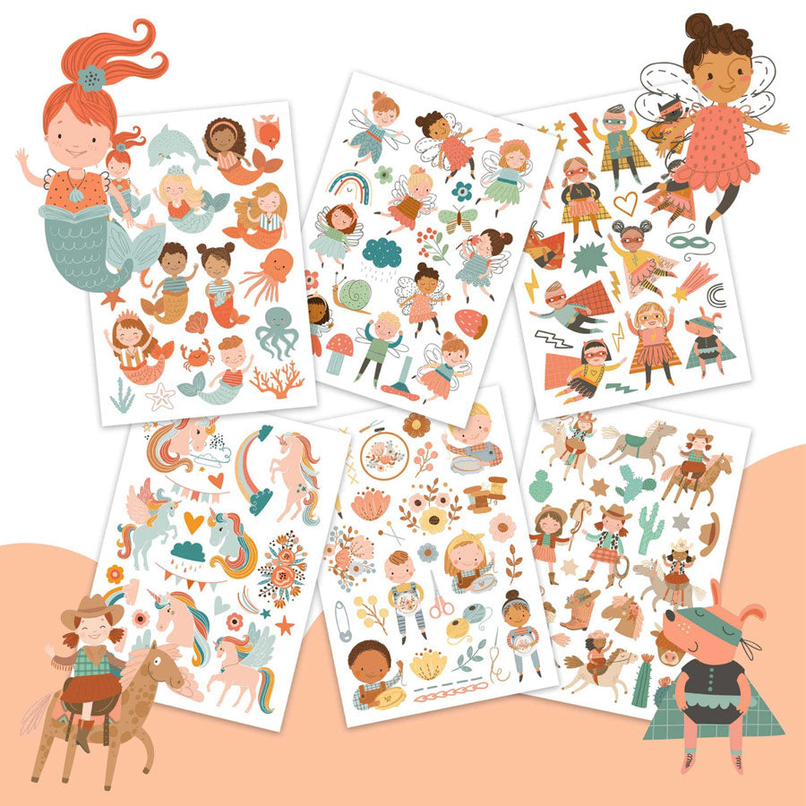 Die Kindertattoos Fabelwesen enthalten Figuren wie Meerjungfrauen, Feen, Superhelden, Einhörner, Cowgirls und viele weitere Motive.