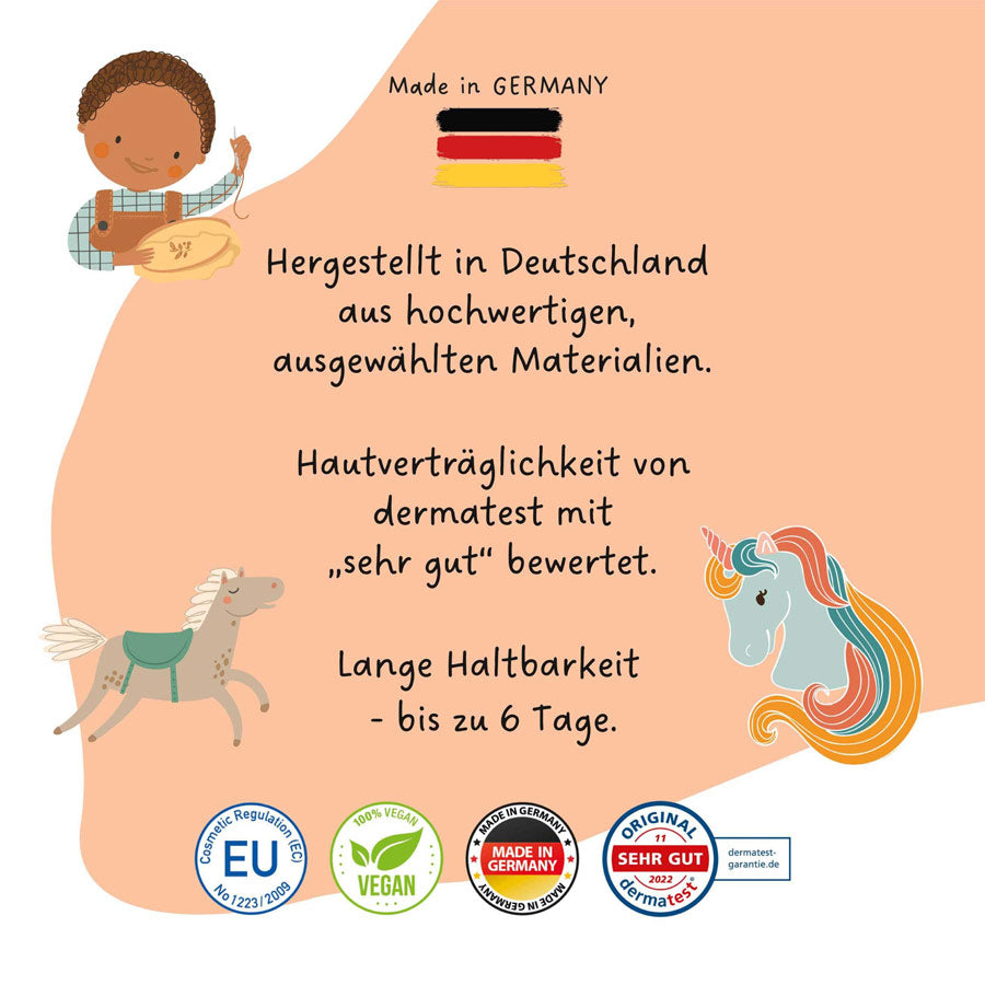 Die Kindertattoos sind in Deutschland hergestellt, dermatologisch getestet und haben eine lange Haltbarkeit von bis zu 6 Tagen.
