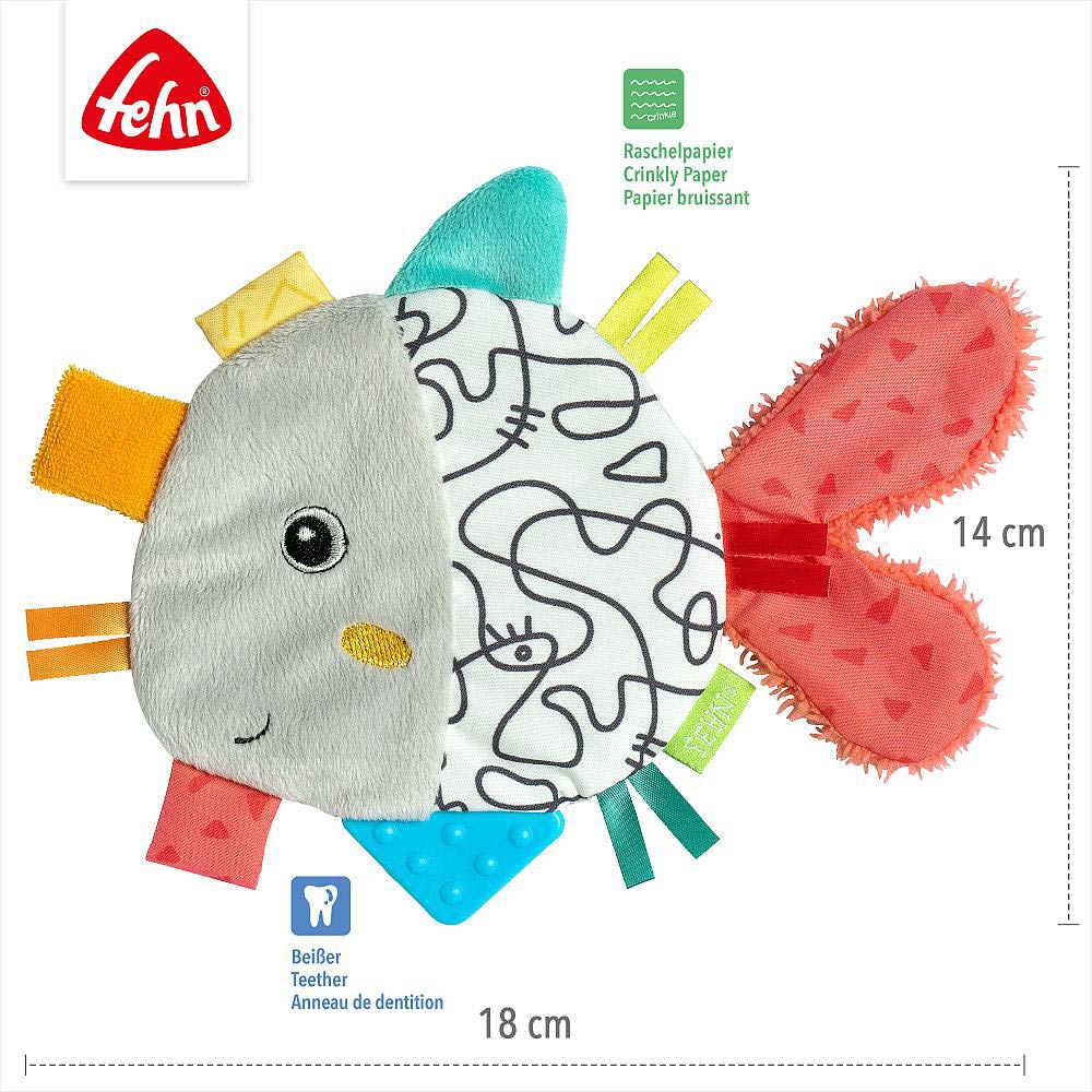 Der Knister-Fisch ist 14cm hoch und 18cm breit und ist mit Raschelpapier gefüllt.