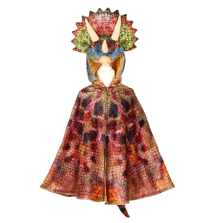 Dino Kostüm Triceratops in knalligen Farben, vor allem rot, aber auch in blau, grün. Tolle Farbübergänge