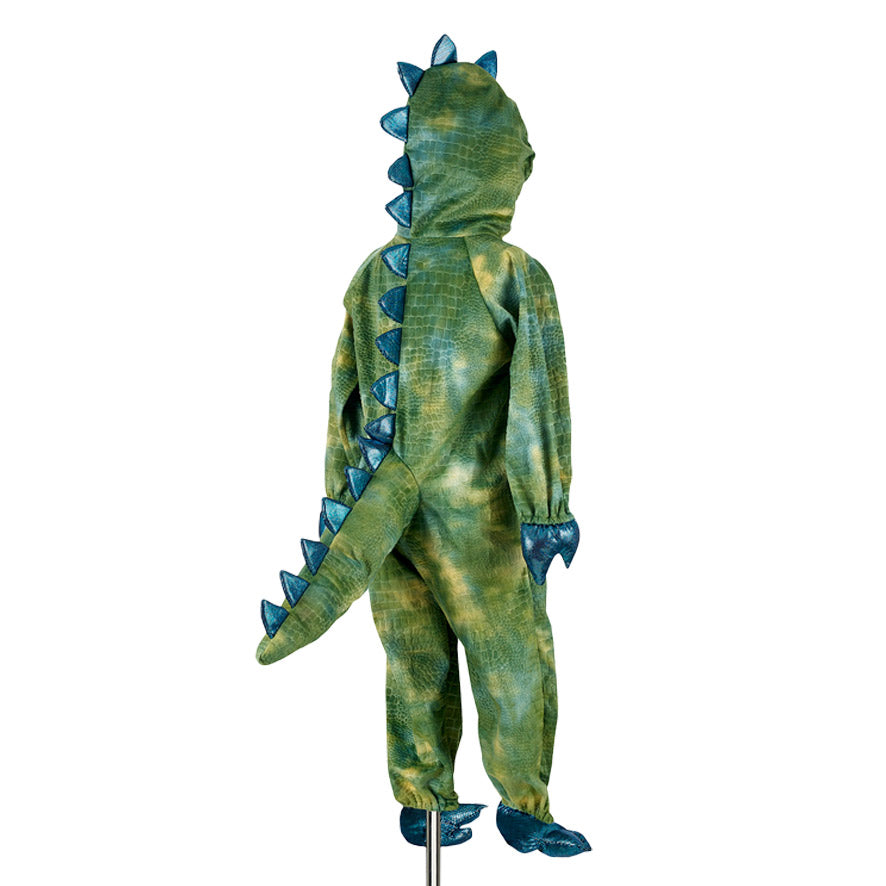 Dinosaurier-Overall in der Farbe grün mit blau-glänzenden Zacken auf dem Rücken und Dino-Schwanz.