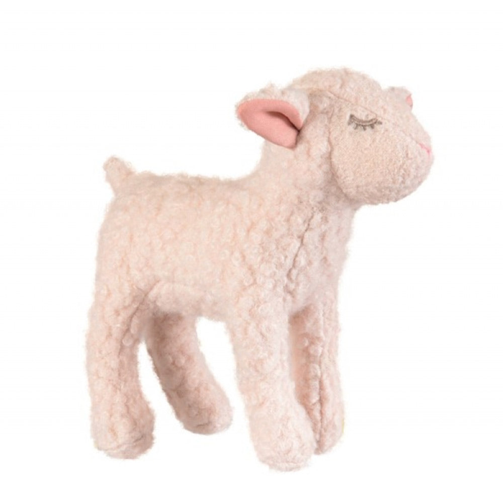 Weißes Lamm mit rosa Ohren und Nase. Die Augen vom Lamm sind geschlossen, so sieht es verträumt und süß aus.