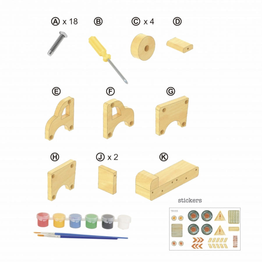 Das DIY-Set besteht aus 12 Bauteilen, 18 Schrauben, einem Schraubenzieher, Farben und Pinsel und passenden Stickern.