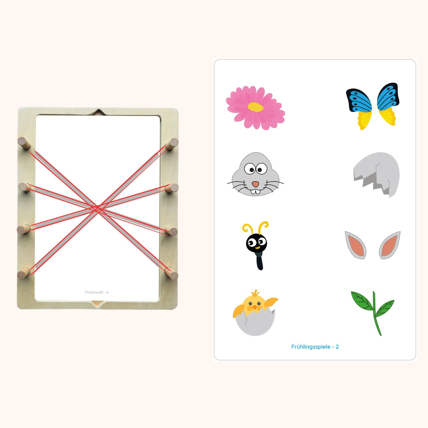Hier muss das Kind die Blüte zum Blumenstil, den Hasenkopf zu den Hasenohren, den Körper zu den Schmetterlingsflügeln und die Eierschale zur Eierschale zuordnen.