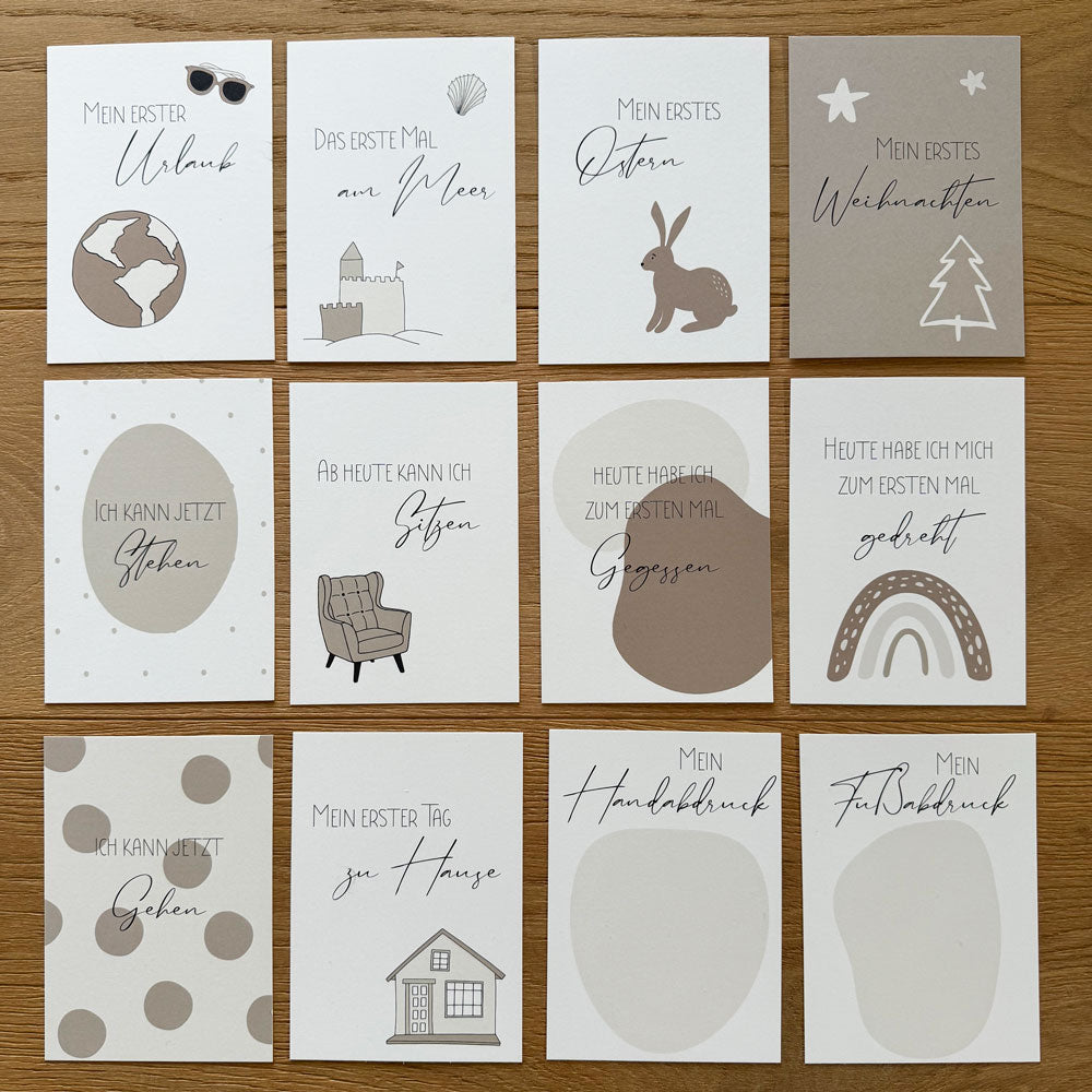Es gibt Meilensteinkarten fürs erste Ostern und Weihnachten, ab wann Baby sitzen, stehen und laufen kann und viele mehr.