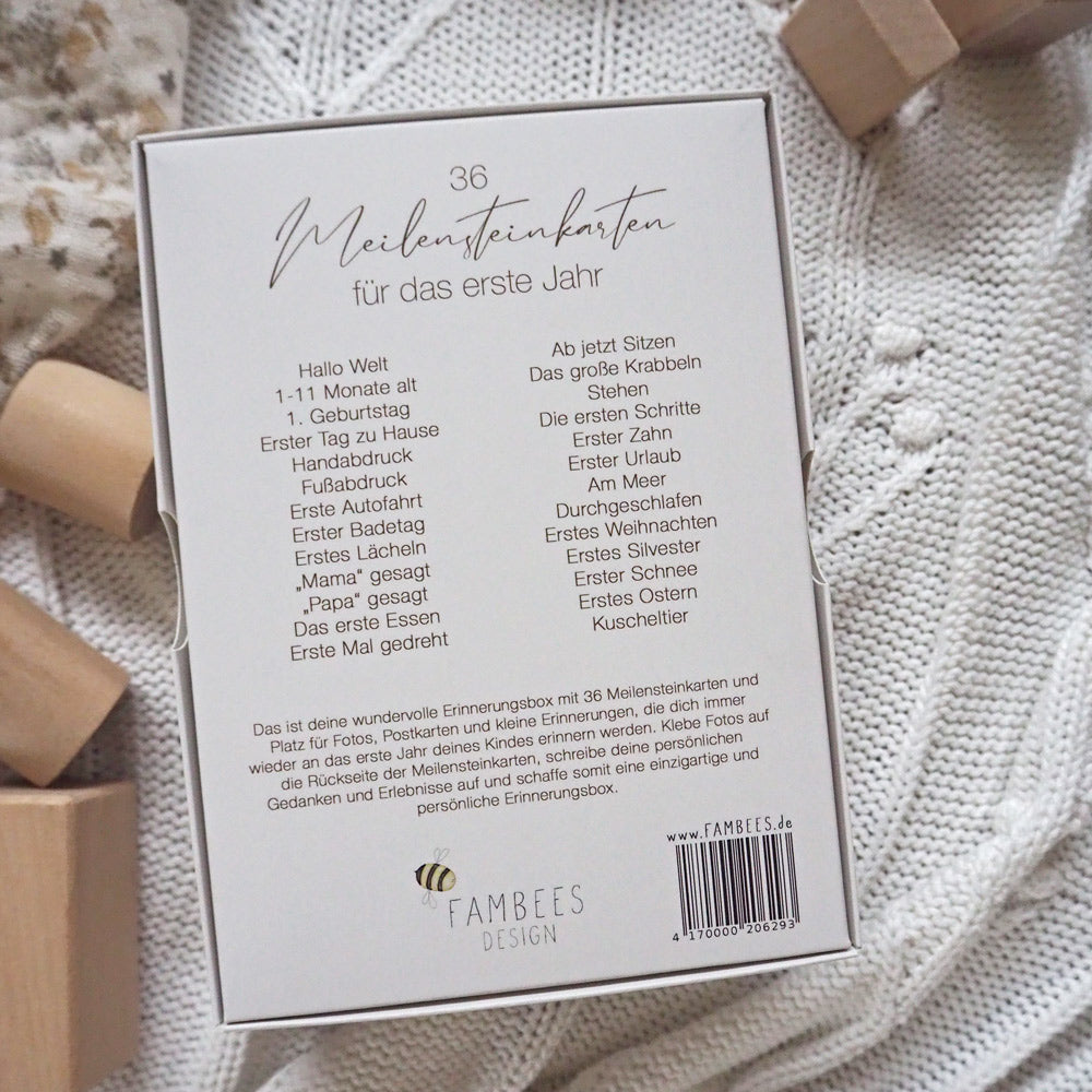 Auf der Rückseite der Box sind die ganzen Meilensteinkarten aufgelistet. Die Karten sind von Fambees Design.