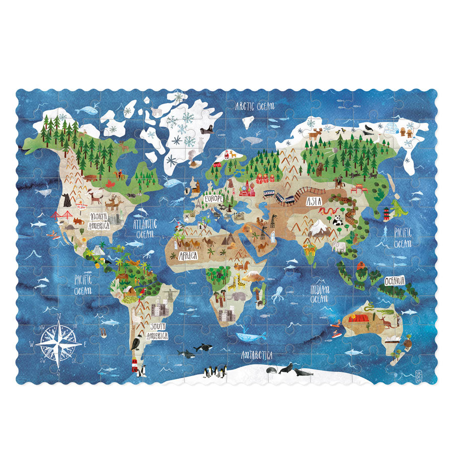 Das Puzzle on Londji zeigt die Welt mit ihren Ozeanen und vielen Details wie Tieren oder traditionelle Motive.