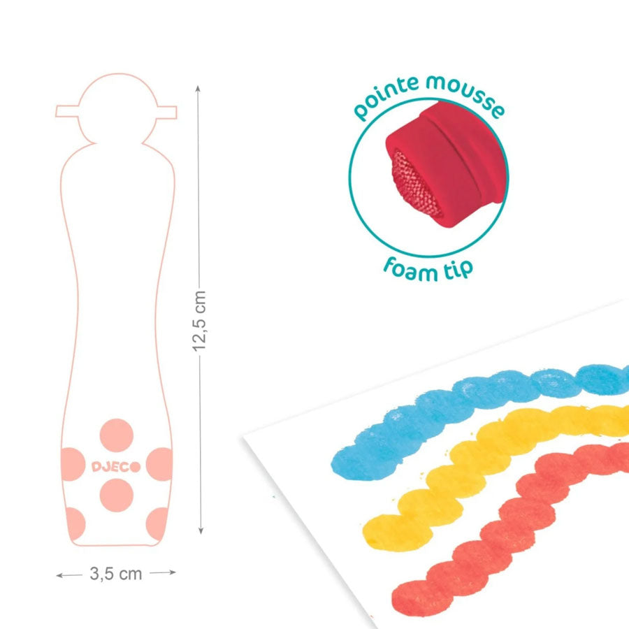 Die Stifte sind 12,5 cm hoch und haben einen Durchmesser von 3,5 cm an der breitesten Stelle.