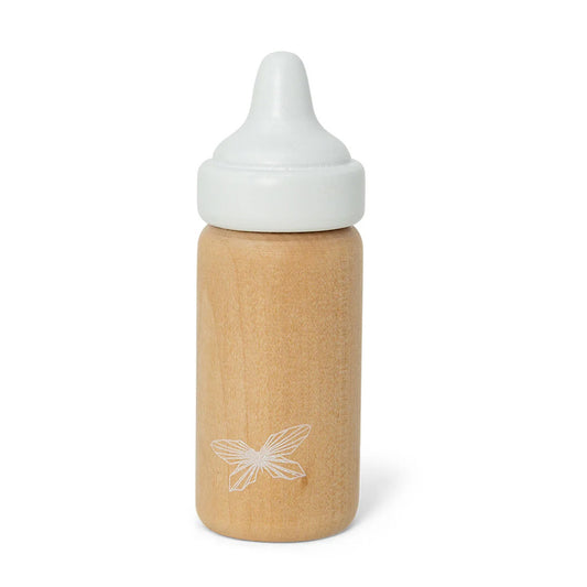 Puppenflasche aus Holz in Natur mit weißem Deckel und schlichten weißem Schmetterling