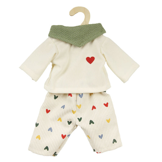 Puppenoutfit bestehend aus Hose, Pulli, Lätzchen und Kleiderbügel