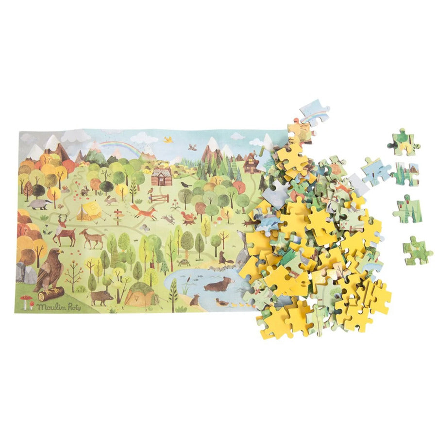 Das Motiv Wald liegt eine grüne Landschaft mit Bäumen, einem See und vielen Tieren wie Reh, Fuchs, Adler und mehr.