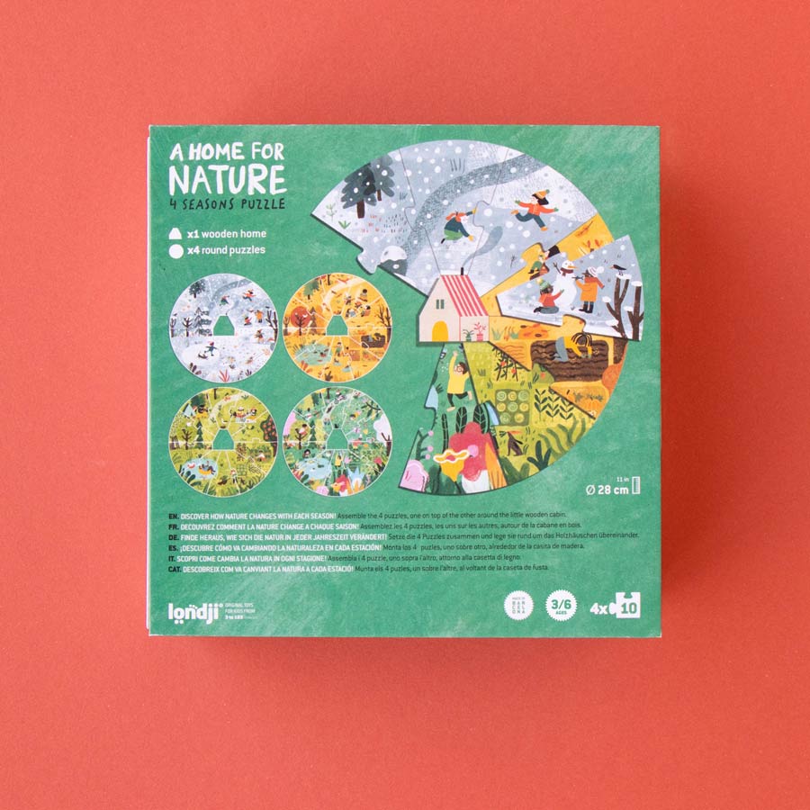Das Puzzle A Home for Nature besteht aus einem kleinen Holzhaus und 4 runden Puzzle mit jeweils 10 Teilen.