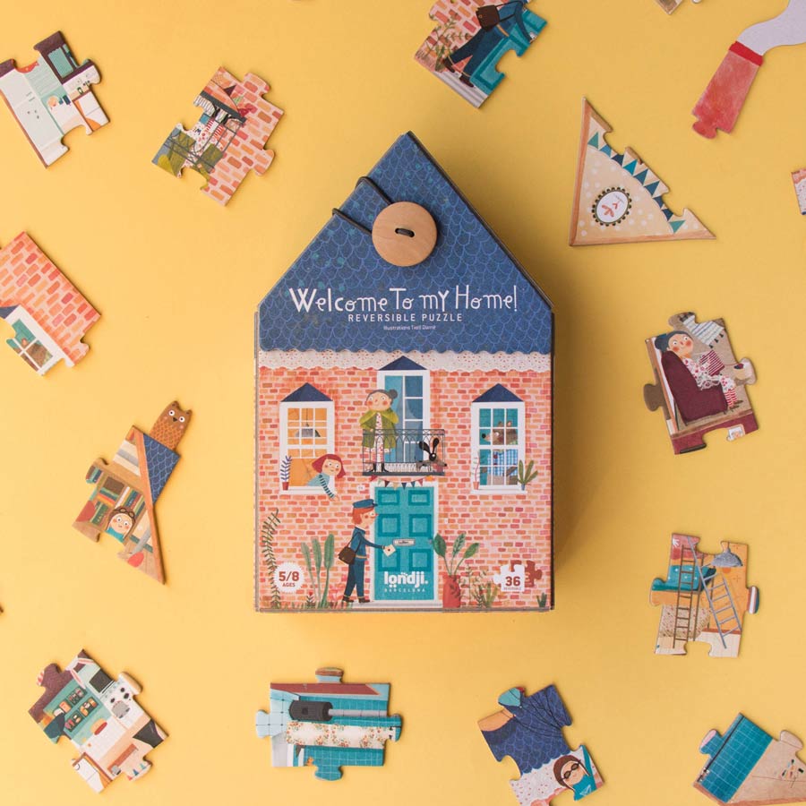 Das Puzzle Welcome to my Home von Londji zeigt ein süßes Haus mit seinen Bewohnern.