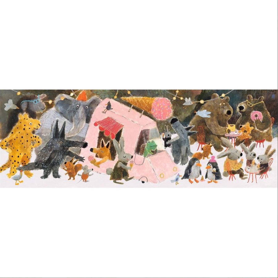 Das Puzzle zeigt viele wilde Tiere, die sich in einem Park um einen Eiswagen tummeln.