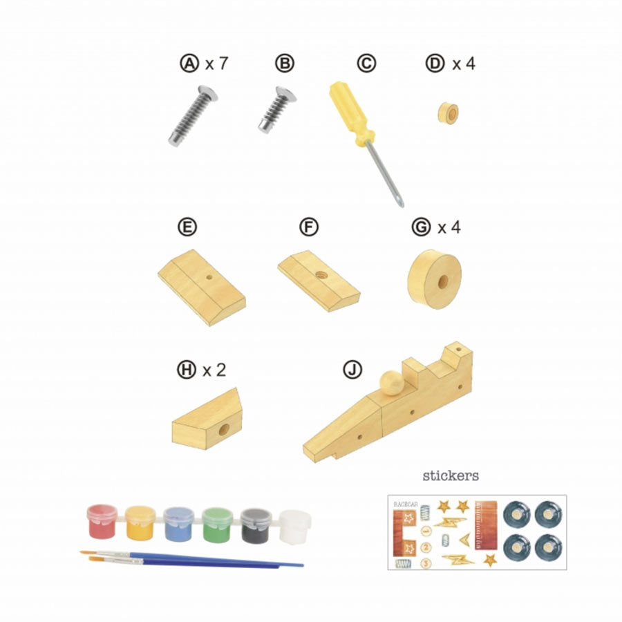Das DIY-Set besteht aus 13 Bauteilen, 8 Schrauben, einem Schraubenzieher, Farben und Pinsel und passenden Stickern.