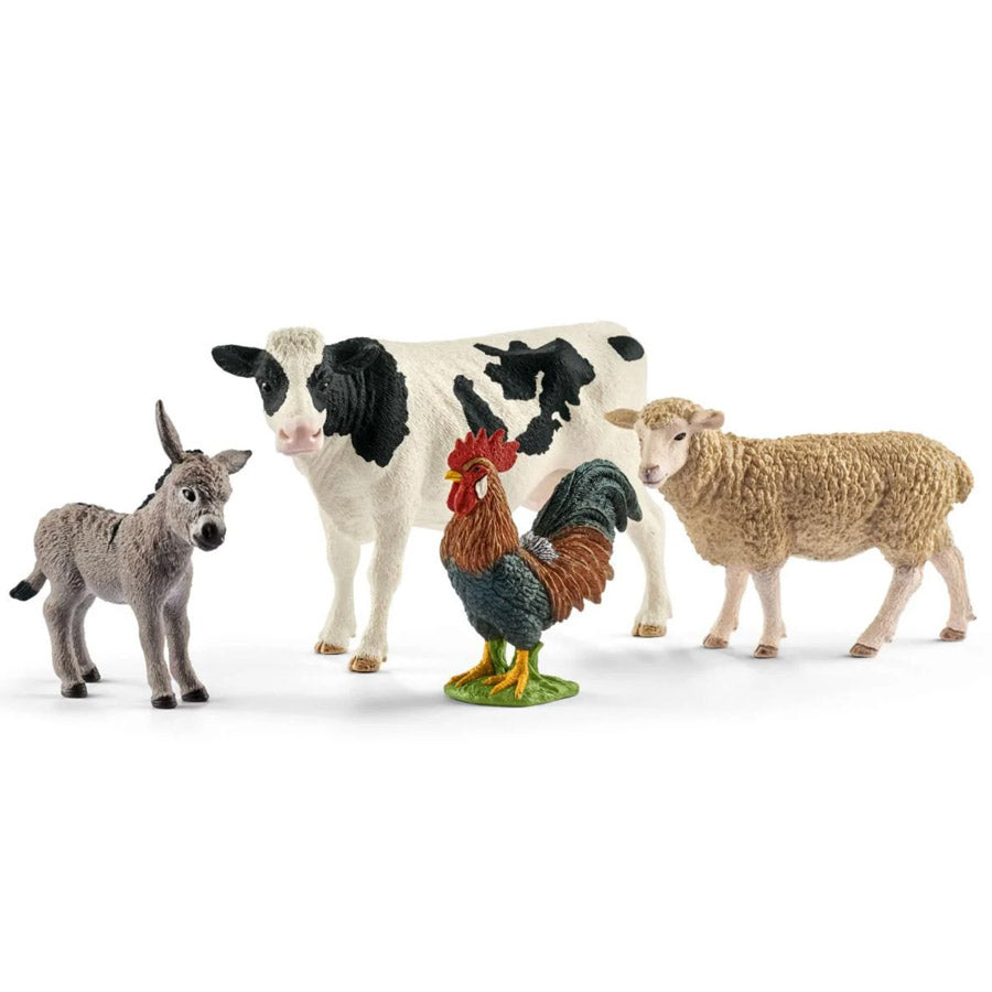 Schleich-Figuren-Set mit Esel, Kuh, Hahn und Schaf - perfekt für Kinder, die den Bauernhof lieben