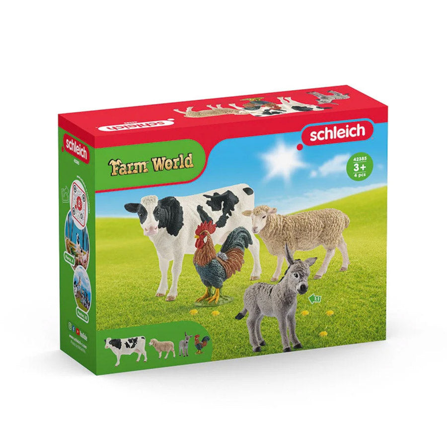 Bestseller Paket von Schleich mit den Figuren Kuh, Hahn, Schaf und Esel in einem Set