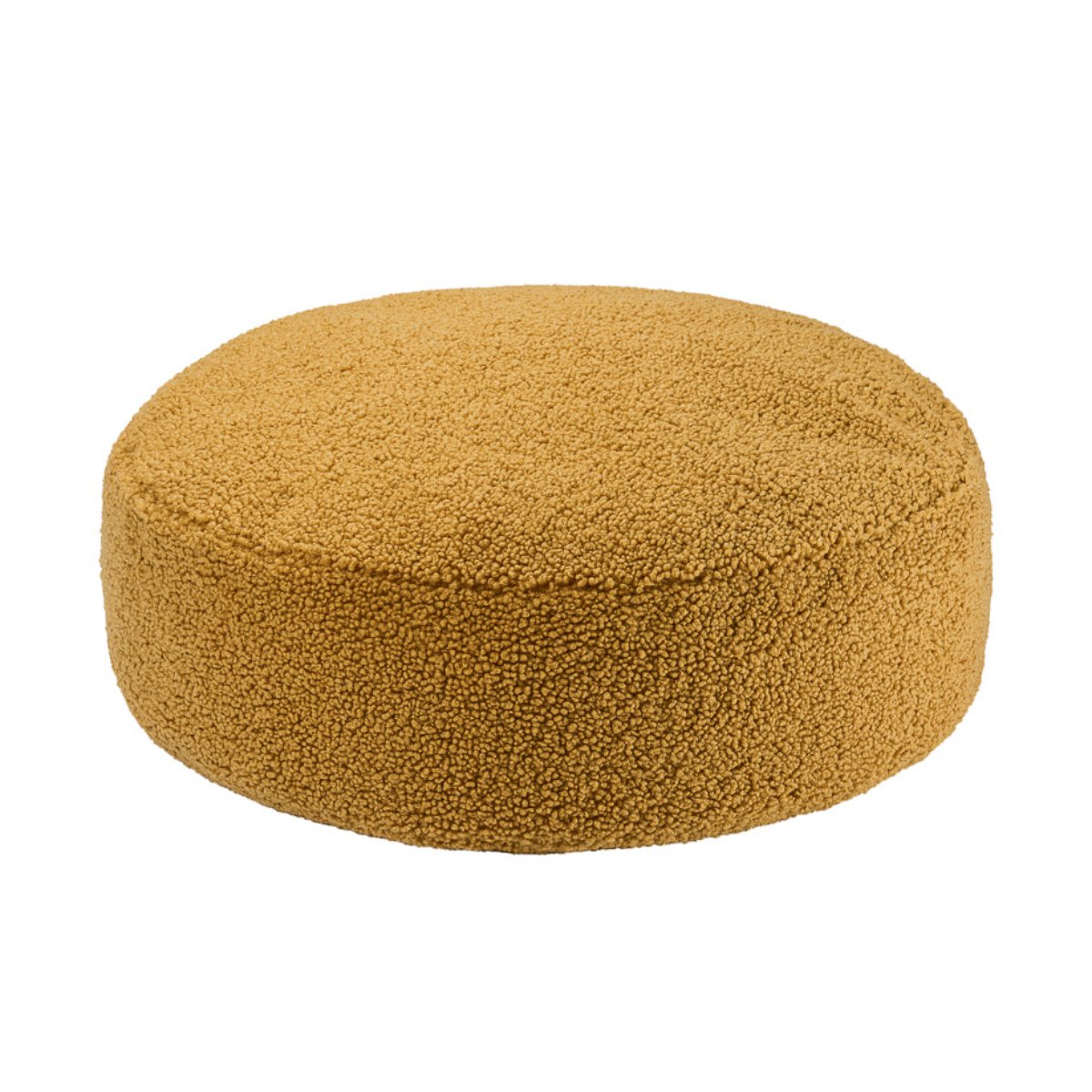 Runder Sitzsack in Teddyoptik in der Farbe Senf.