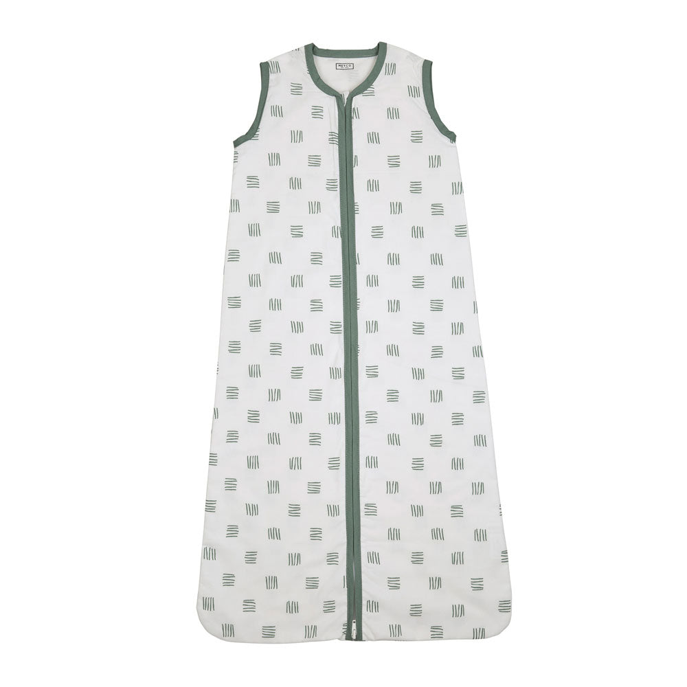 Schlafsack in weiß mit grünen Streifen-Muster. Sommerschlafsack für Babys