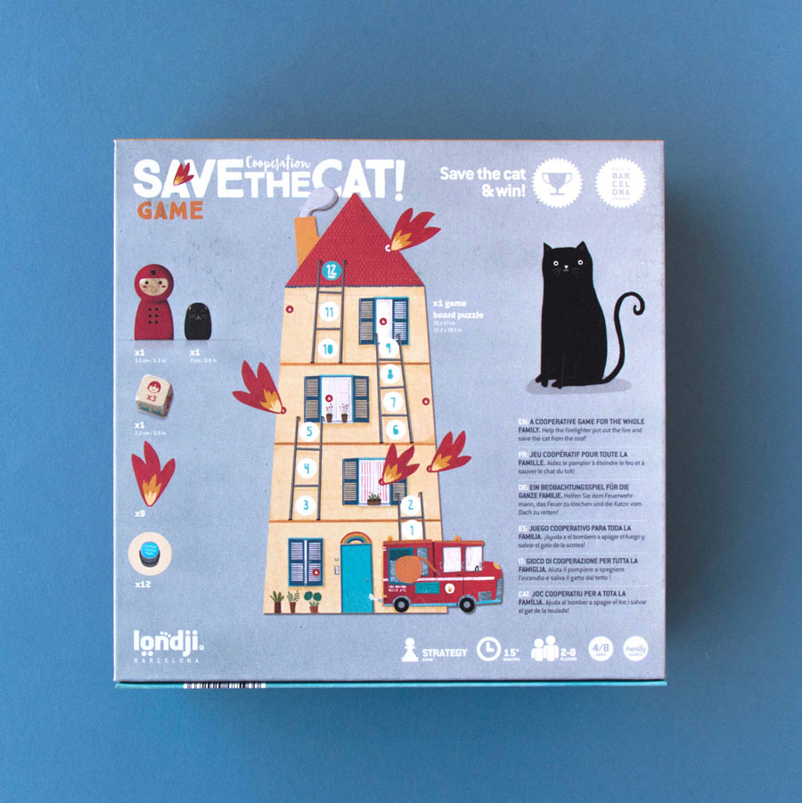 Das Spiel von Londji kommt mit einem Spielbrett zum Puzzeln, 2 Spielfiguren, einem Würfel, 9 Feuerchips und 12 Wassereimerchips.