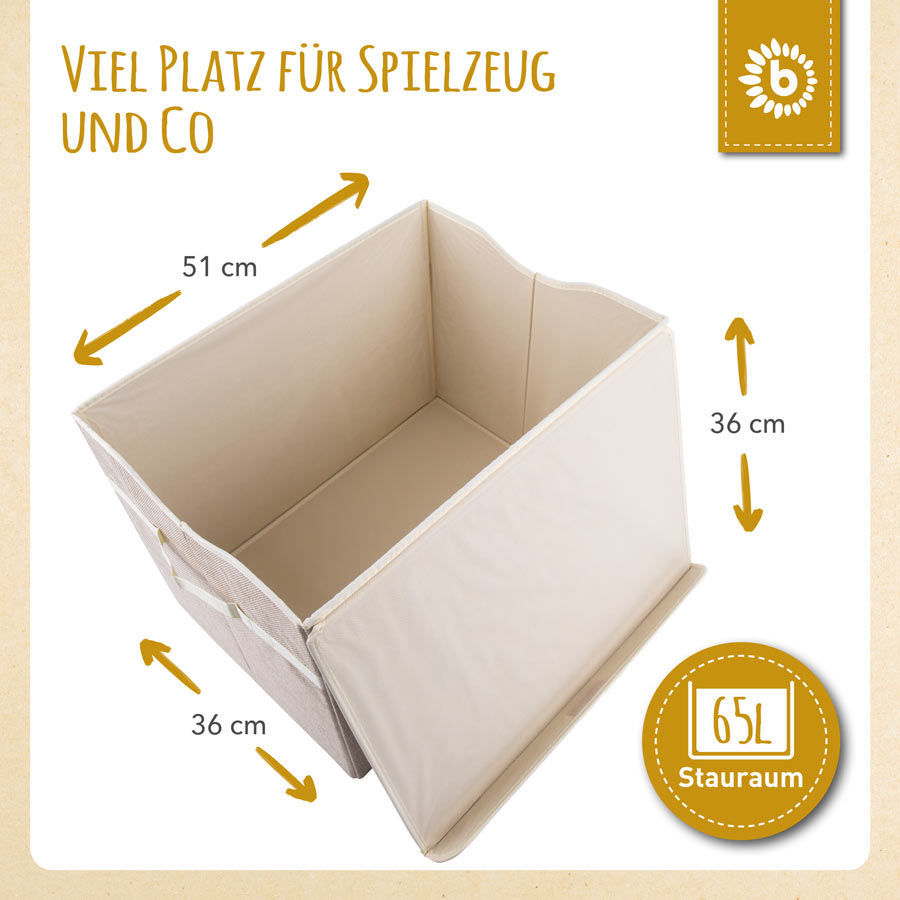 Die Boxen sind 51 cm lang, 36 cm hoch und 36 cm tief. Die Aufbewahrungsbox hat einen Stauraum von 65 Litern.