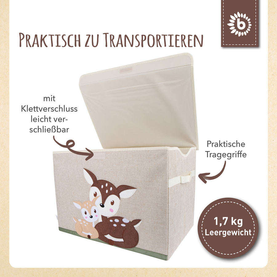 Die Aufbewahrungsboxen haben praktische Tragegriffe zum Transportieren. Die Box wiegt ohne Inhalt 1,7 kg. Mit einem Klettverschluss lässt sich die Kiste leicht verschließen.