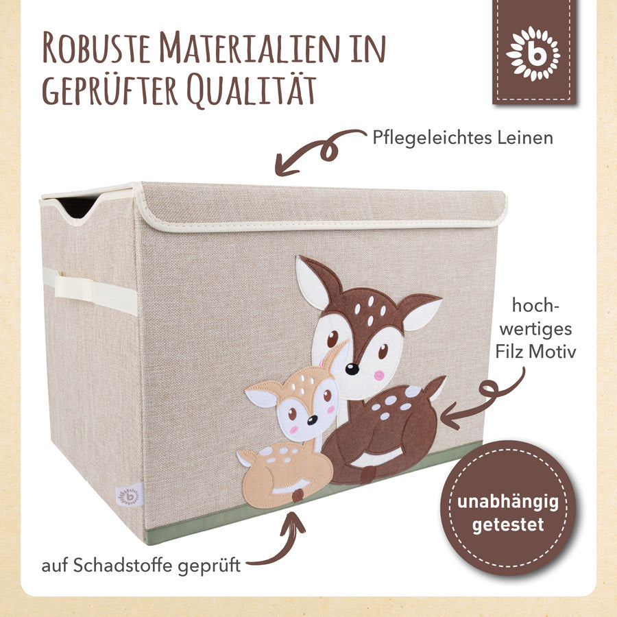 Die Aufbewahrungsboxen sind aus robusten Materialien und qualitativ hochwertig. Die Spielzeugkisten sind geprüft auf Qualität und Schadstoffen. Auch das Filz der Motive ist sehr hochwertig.