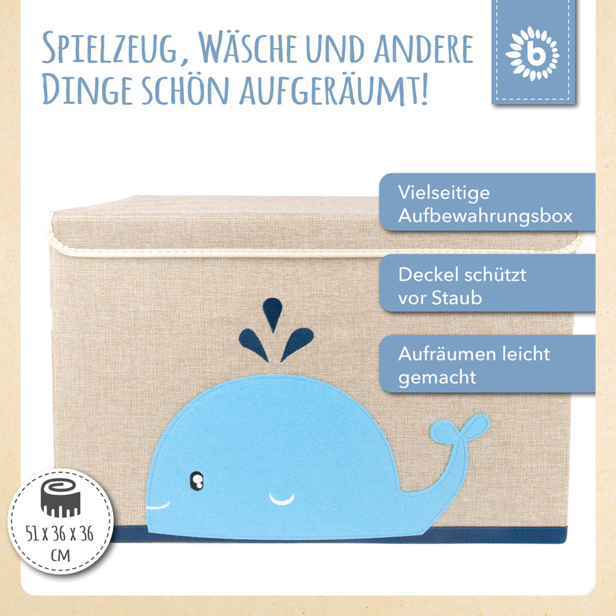Die Aufbewahrungsbox ist sehr vielseitig und verstaut Spielzeug, Wäsche und andere Dinge. Der Deckel schützt vor Staub.