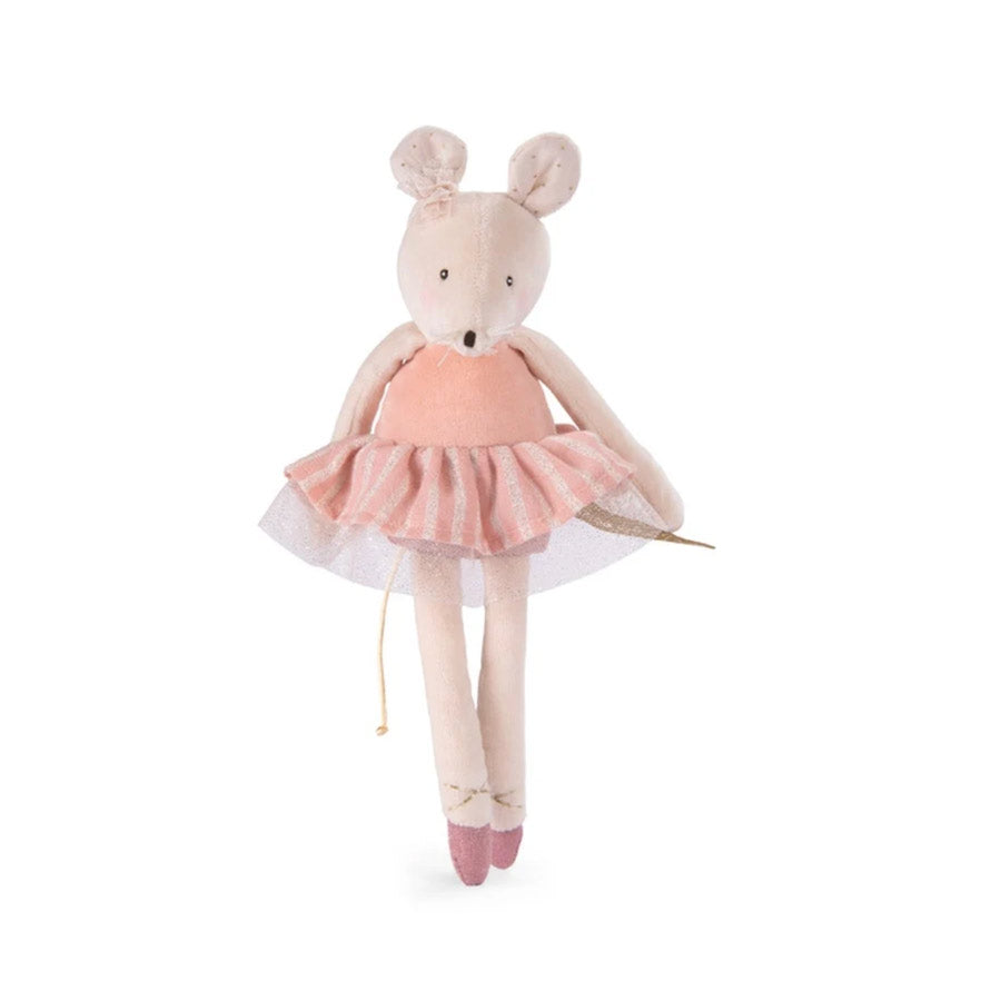 Süße Maus als Kuscheltier mit einem rosa Kleidchen, Glitzerdetails und rosa Ballettschühchen.