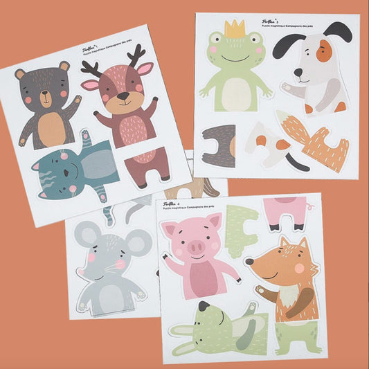 Die Magnetsets von Ferflex kommen in 4 Bögen mit unterschiedlichen Tier-Puzzeln.