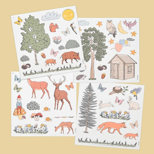 Ferflex Magnete mit dem Thema Wald kommt in 4 Magnetbögen mit verschiedenen Motiven wie Reh, Igel, Bäumen und Hasen