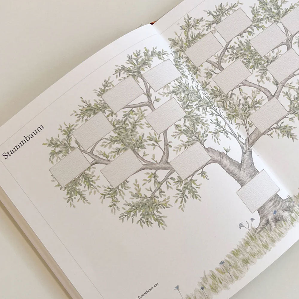 Babybuch mit einer hübschen Illustration eines Stammbaums zum Eintragen der Namen