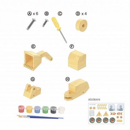 Das DIY-Set besteht aus 8 Bauteilen, 7 Schrauben, einem Schraubenzieher, Farben und Pinsel und passenden Stickern. 
