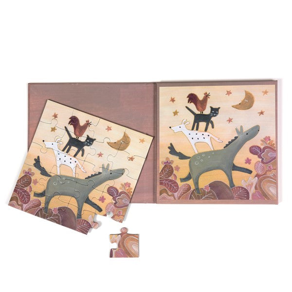 Magnet-Puzzle Bremer Stadtmusikanten mit zwei verschiedenen Motiven und den Tieren Esel, Hund, Katze und Hahn. 