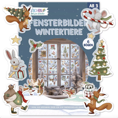 Fensterbilder mit Wintertieren, wie Eichhörnchen, Schneehase, Maus mit Zuckerstange und vielen mehr