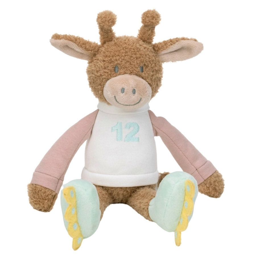 Kuscheltier Giraffe Guido in braun mit einem Langarmshirt und Inlinern, gehalten in Pastellfarben