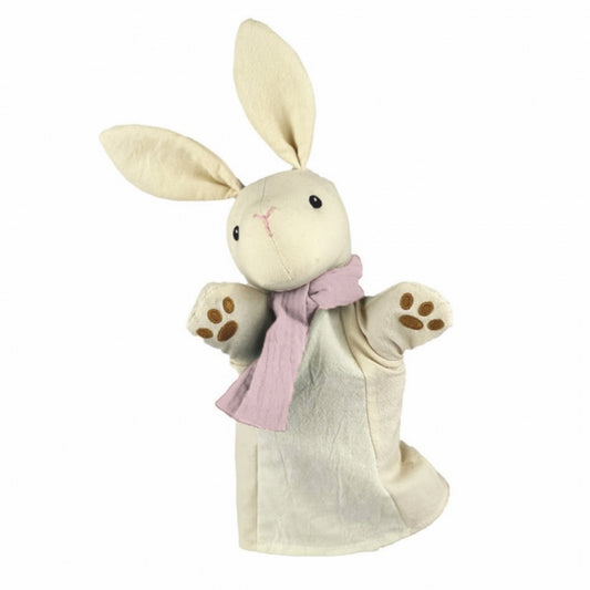 Handpuppe weißer Hase mit süßen Details wie den langen Ohren, den bestickten Pfoten und dem hübschen Schal um den Hals. 