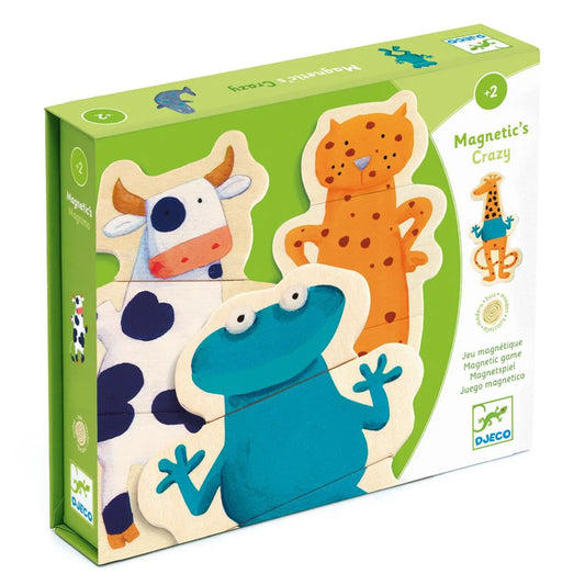 Stabile Verpackung mit den Crazy Tierpuzzle Magneten. Farbenfroh für Kinder. 